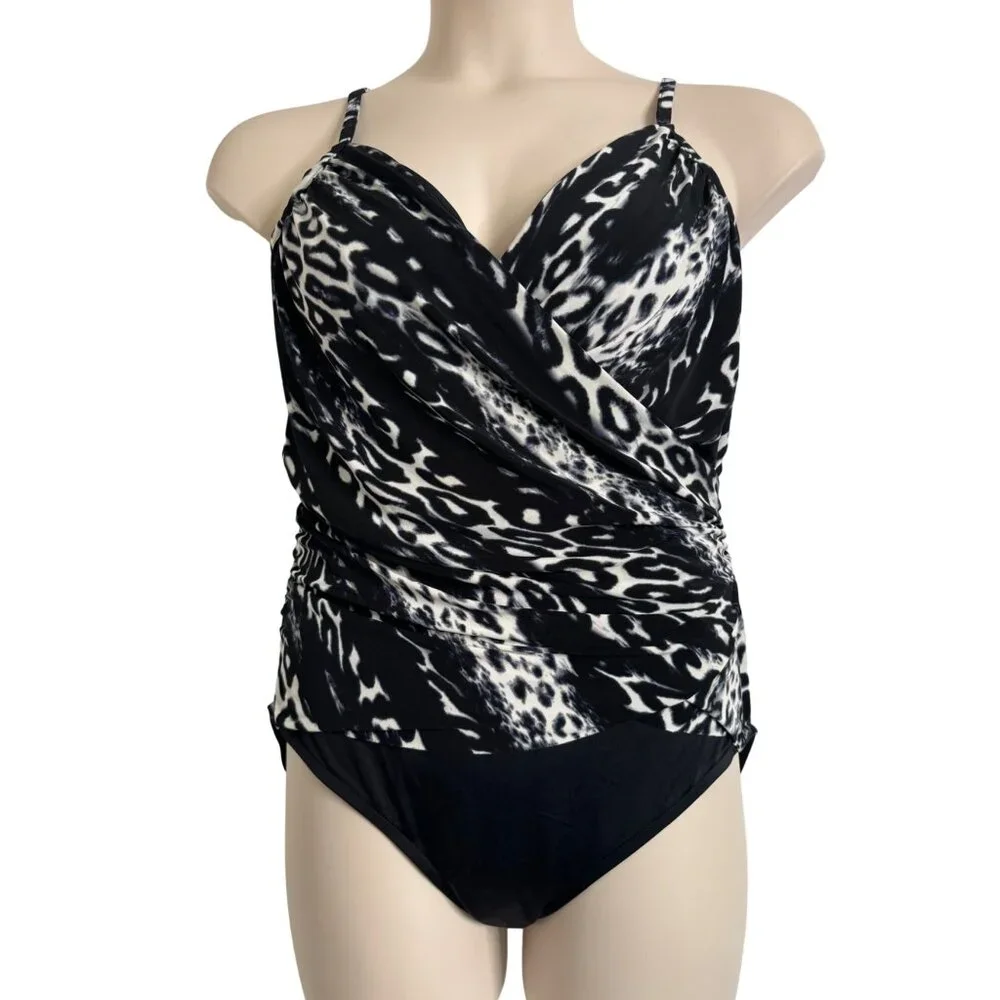 Magicsuit Size 16 Black White One Piece Swimsuit Built in Bra Ruched Front NWT